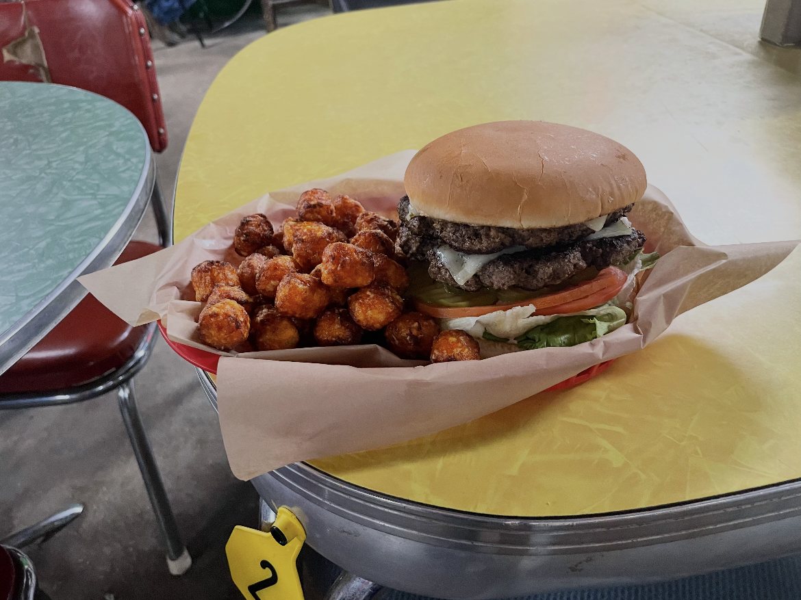 Double cheeseburger with sweet potato tots