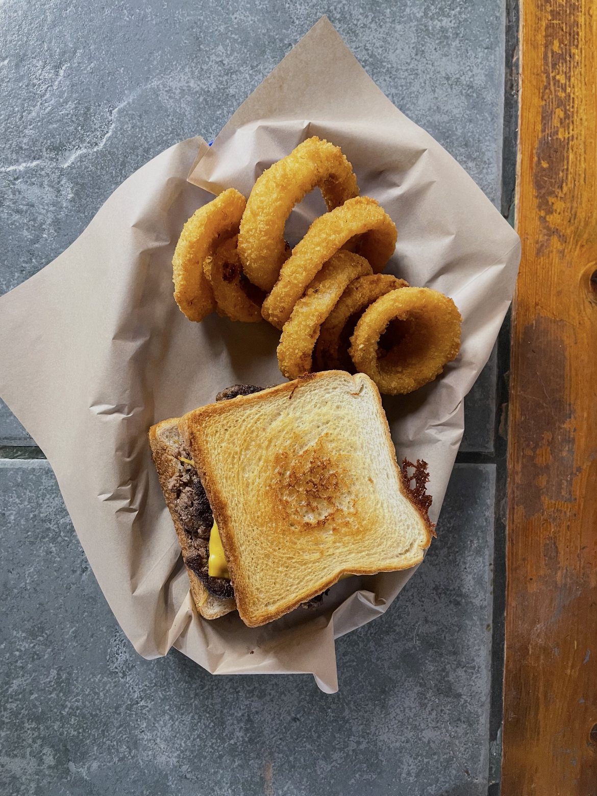 Patty melt with onion rings